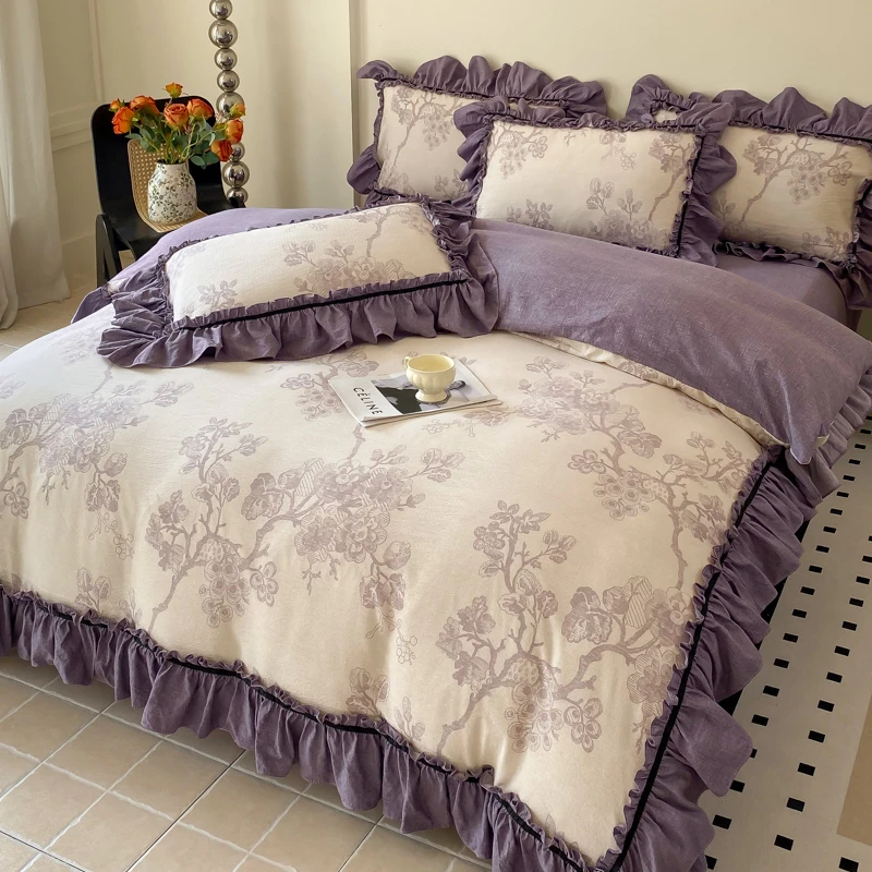 法式复古水洗亚麻花边款四件套不起球不掉色加厚四季款高端床品