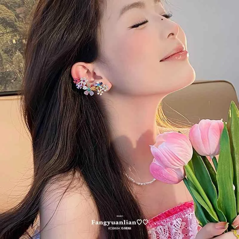 铜合金合成锆石耳饰 彩色花朵耳骨夹一体式耳环女高级感耳钉小众