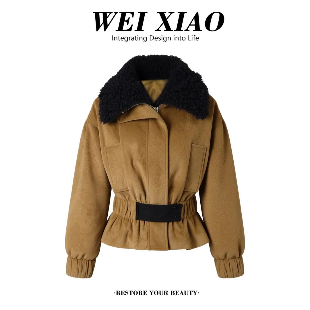 黄绿色气质收腰工装毛毛领短款外套女冬季2025新款加绒加厚夹克