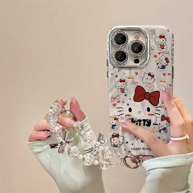 草莓蝴蝶结kitty猫适用苹果16promax手机壳羽纱带镜头膜华为卡通