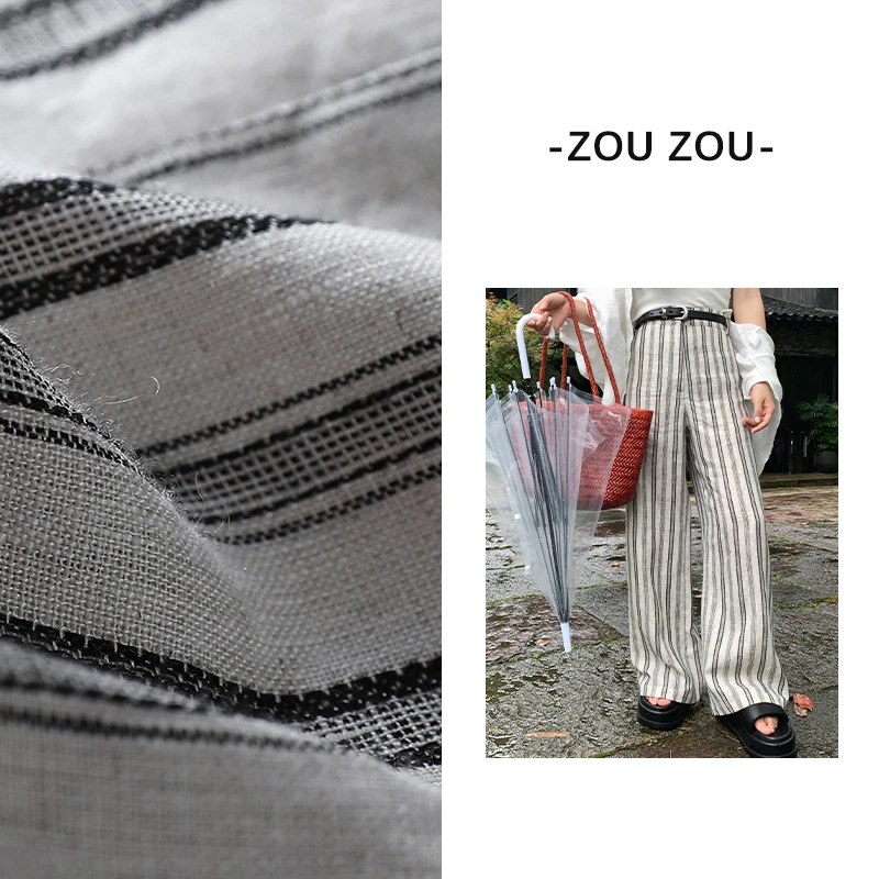 【色织雨露麻】邹邹小个子新品高腰亚麻条纹长裤女夏季垂感拖地裤