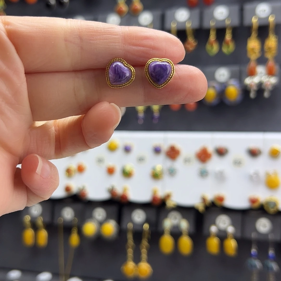 和田玉未镶嵌耳饰通体纯银天然紫龙晶耳钉