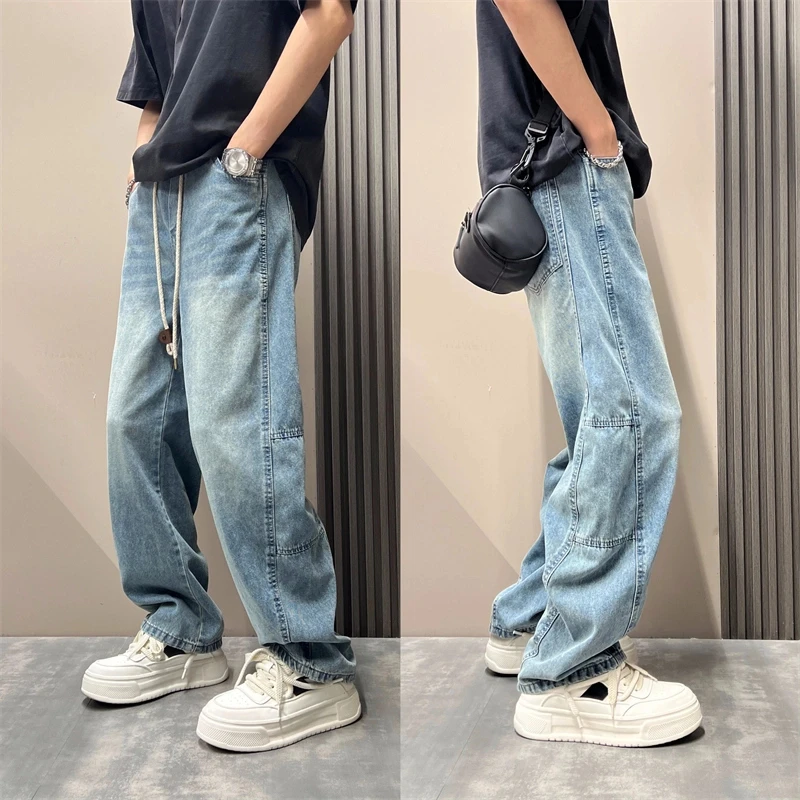 2025春季新款美式潮流拼接浅色水洗宽松牛仔裤男垂感高街痞帅长裤