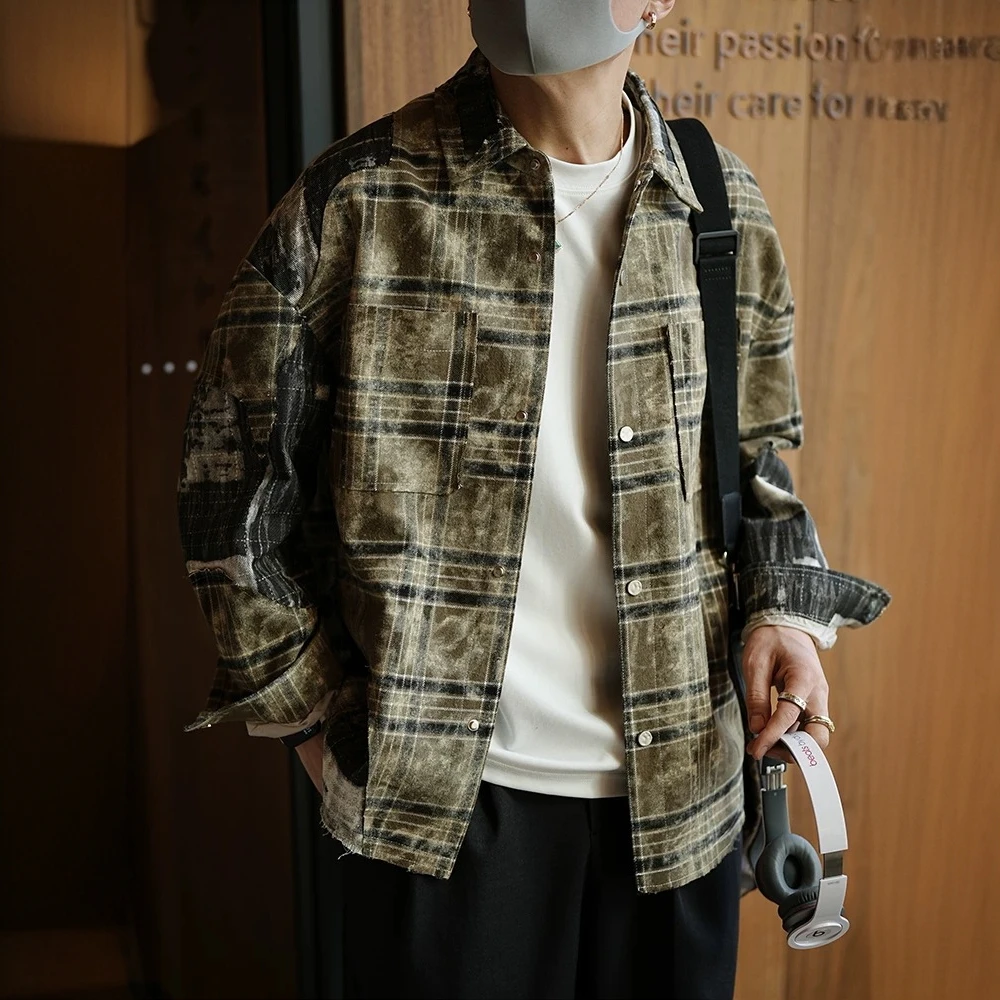 美系复古拼接设计扎染渐变长袖衬衫男早春新款慵懒风工装夹克上衣