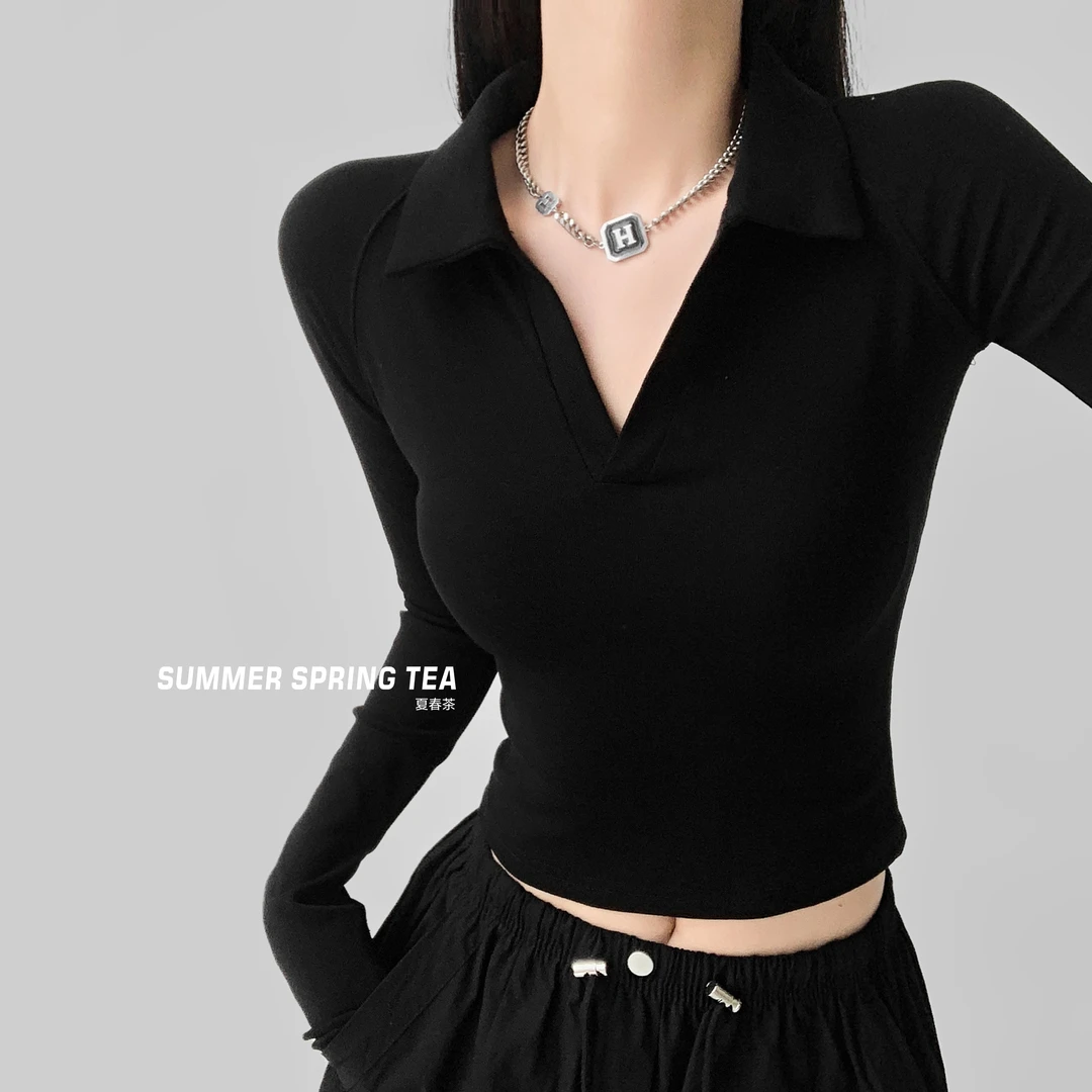 夏春茶春季设计感辣妹V领弹力显瘦修身polo衫别致长袖T恤上衣