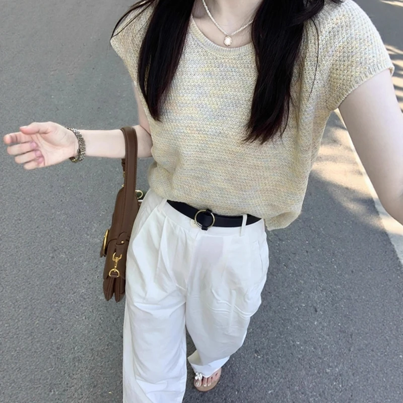 设计感小众气质小飞袖短袖t恤女夏季小个子宽松正肩冰丝针织上衣