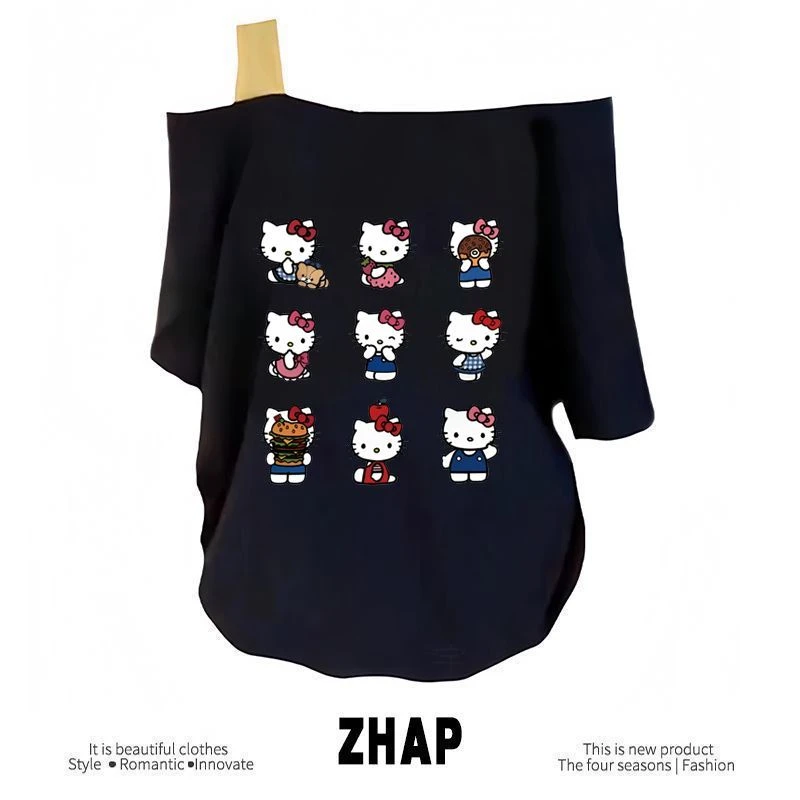 【ZHAP】新款单肩露肩吊带宽松短袖kitty印花t恤遮肉显瘦印花上衣