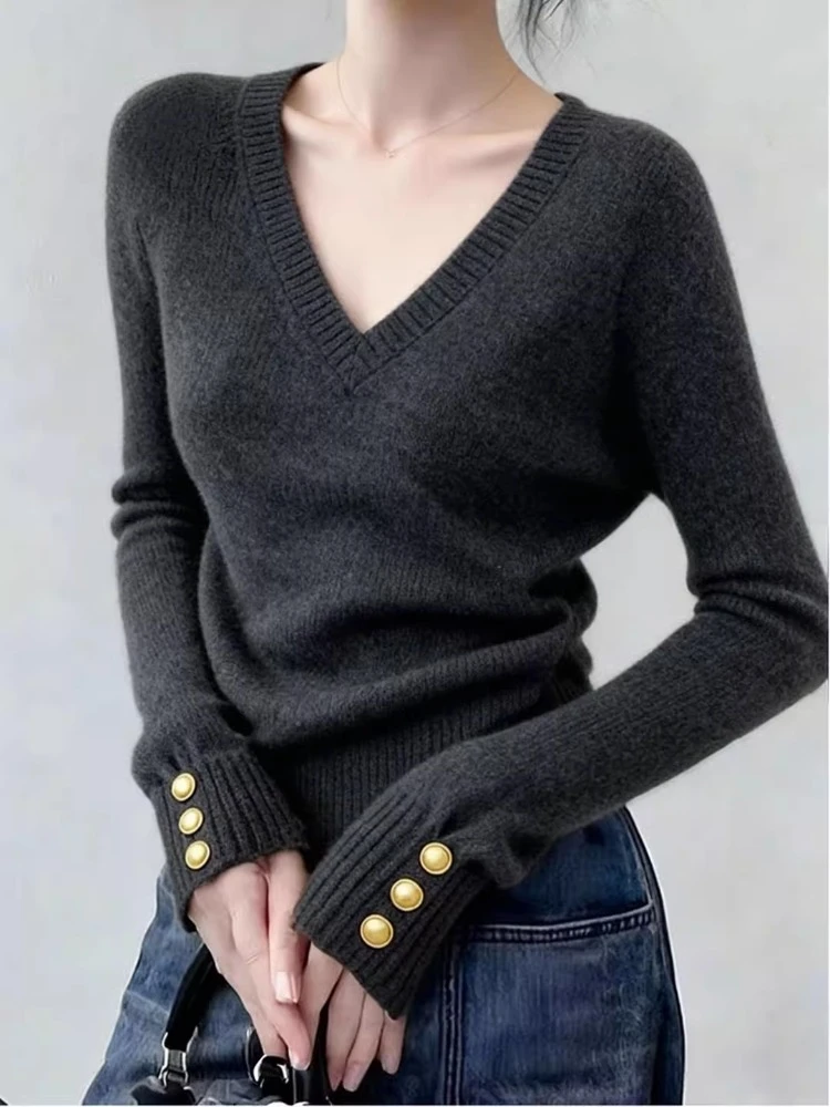 韩系复古v领长袖打底针织衫女秋冬季修身显瘦高级感毛衣内搭上衣