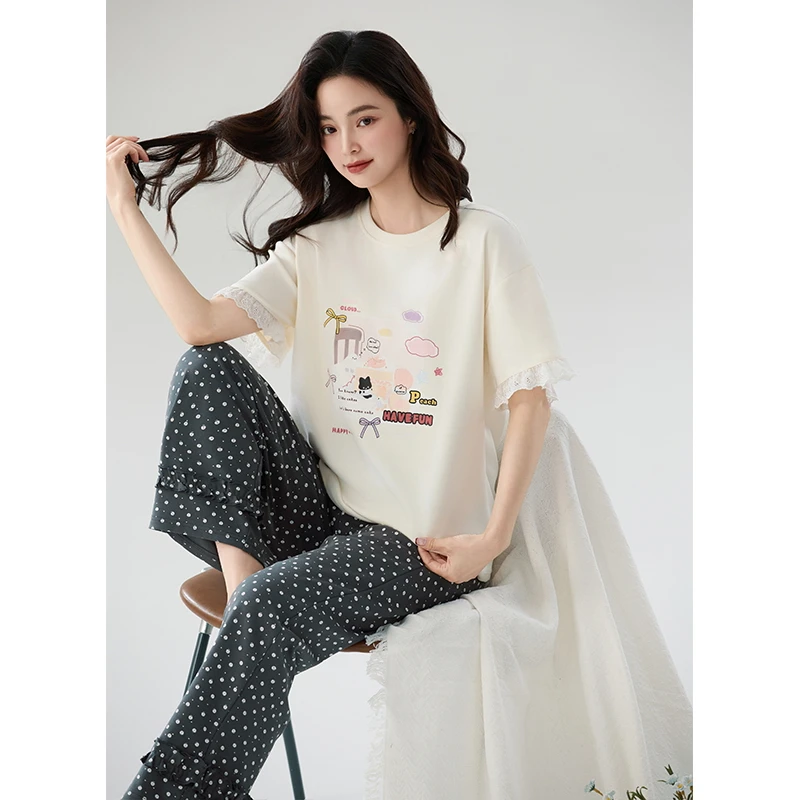 夏季薄款短袖睡衣女宽松休闲卡通甜美新款学生家居服长裤套装女