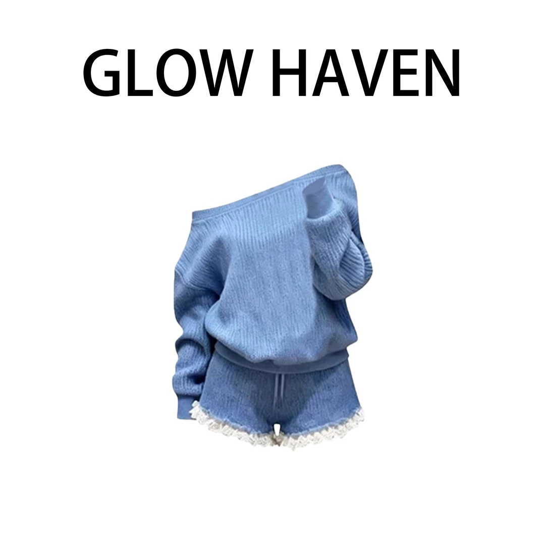 韩系斜肩慵懒针织衫秋冬高级感斜肩长袖针织上衣高腰蕾丝短裤套装