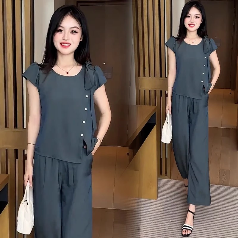 冰丝时尚套装女2025夏季新款洋气显瘦不规则短袖上衣阔腿裤两件套