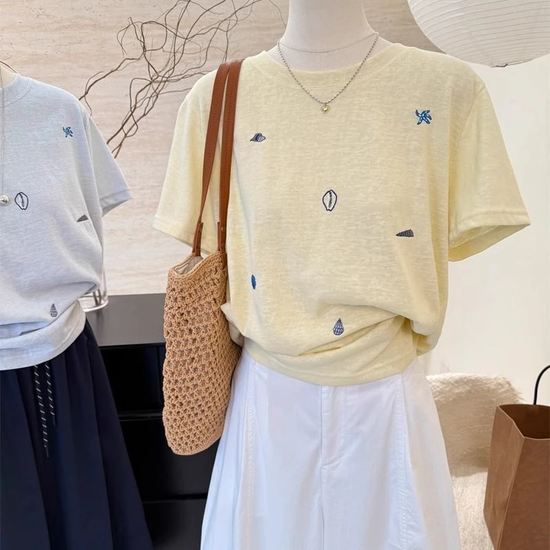 竹节棉【微透】夏季卡通刺绣圆领T恤女韩系清新百搭个性趣味上衣ins
