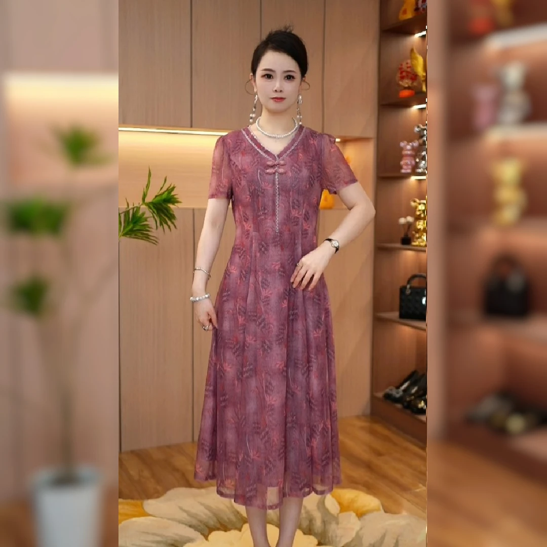 2025夏季新款短袖时尚妈妈装时尚洋气显瘦连衣裙优雅修身气质