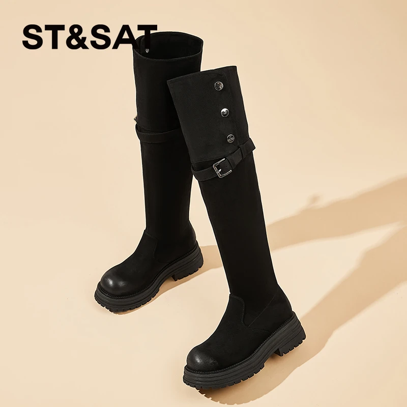 星期六厚底过膝长筒靴显瘦骑士靴2025新款秋季气质高筒靴黑色女靴