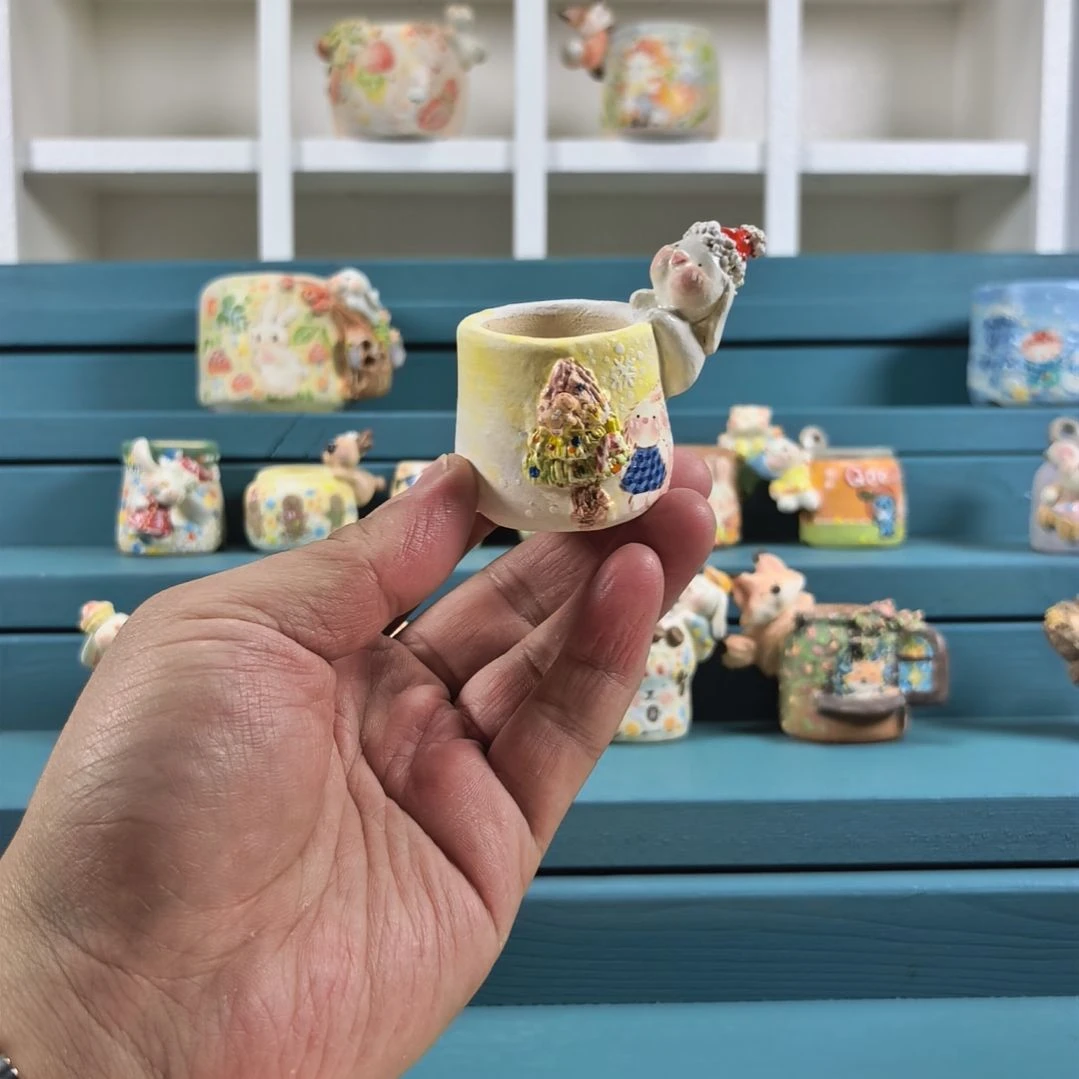 红帽小兔 圣诞树 手绘多肉花盆