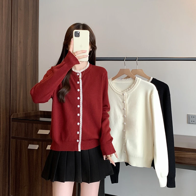 实拍2025秋装新款胖mm大码女甜美时尚蕾丝花边撞色长袖针织上衣