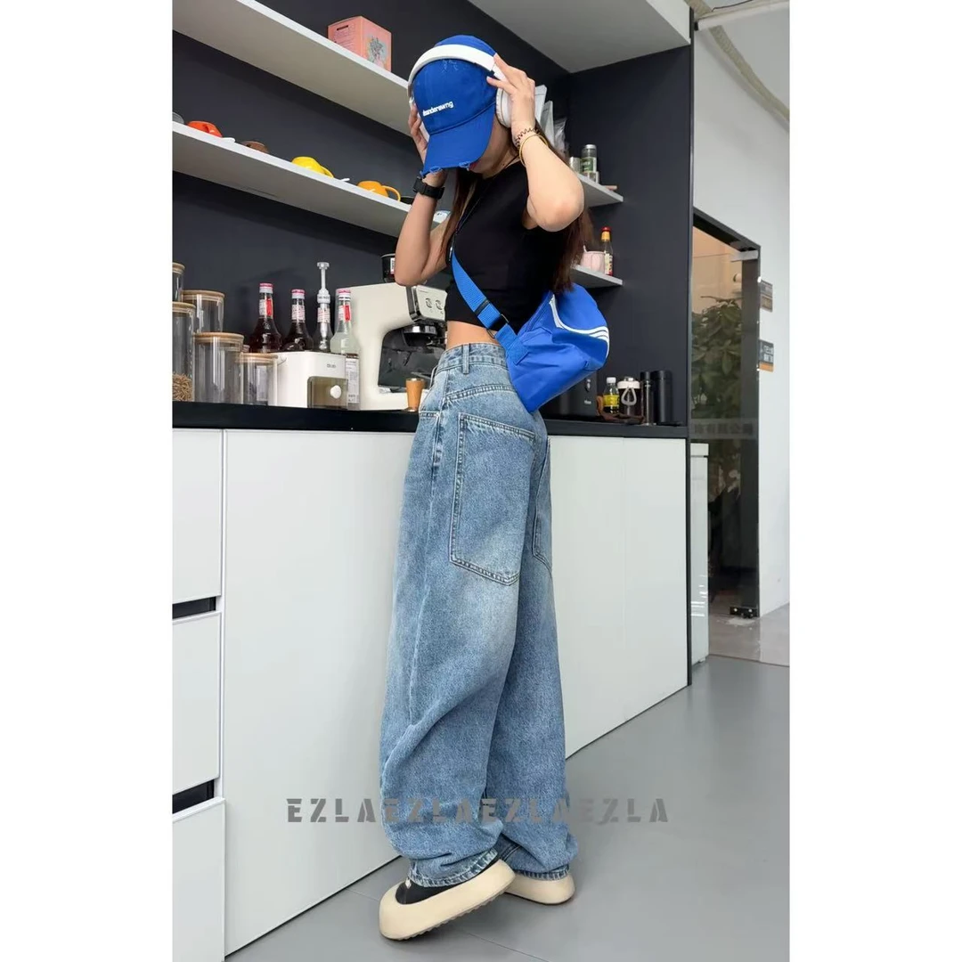 EZ8523-新款高级蓝早春设计感无弹美式弯刀老爹堆堆裤