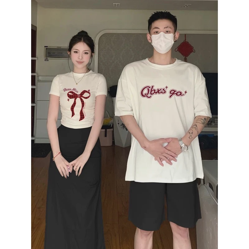 网红情侣装修身短袖T恤2025新款夏装一长短心动蝴蝶结男装