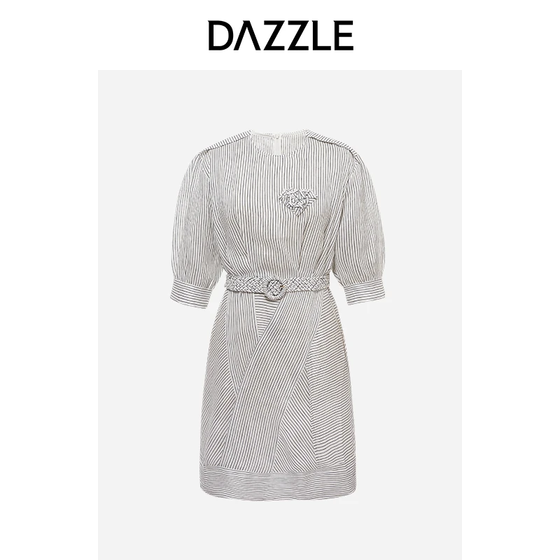 【下架】DAZZLE地素女款法式亚麻混纺条纹连衣裙2E2O437
