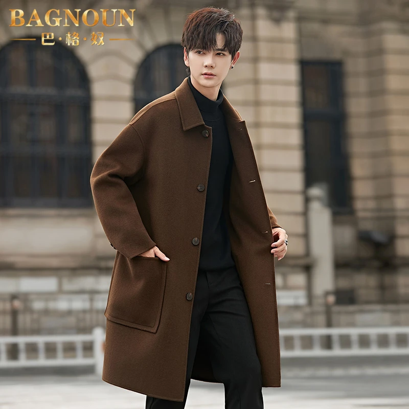 巴格奴毛呢大衣男士秋冬季新款时尚翻领双面羊毛韩版呢子加厚外套