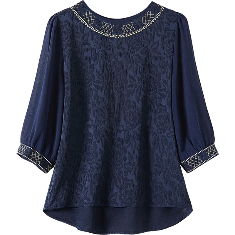 她池2025夏季新款女装时尚圆领五分袖宽松复古衬衫T51X0106C