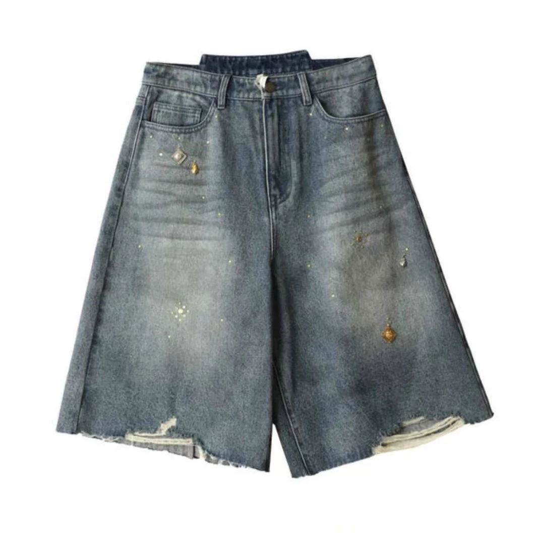 ICE DUST2025春夏破洞宽松烫片牛仔中裤女