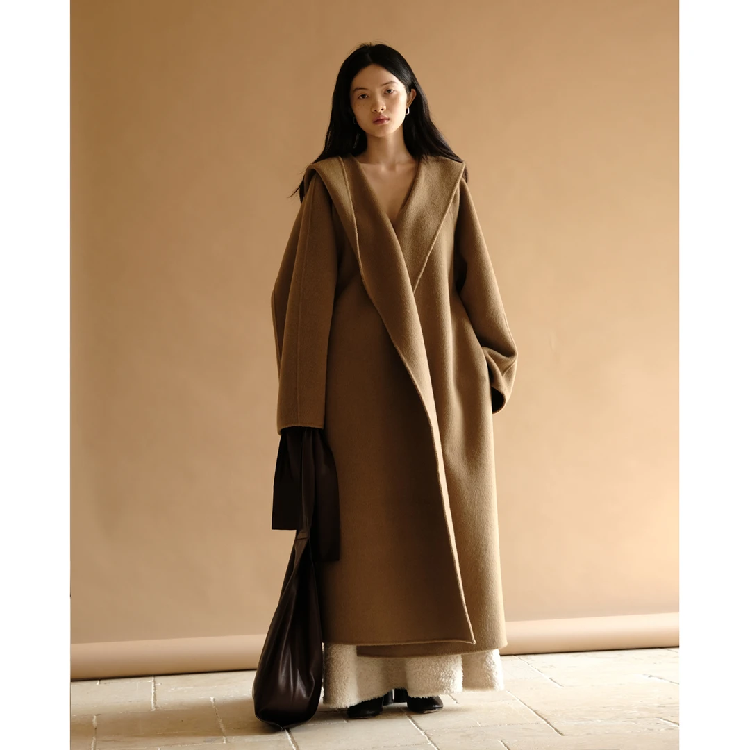 zum宽松连帽双面呢大衣长款大码女装秋冬款斗篷休闲羊毛呢外套