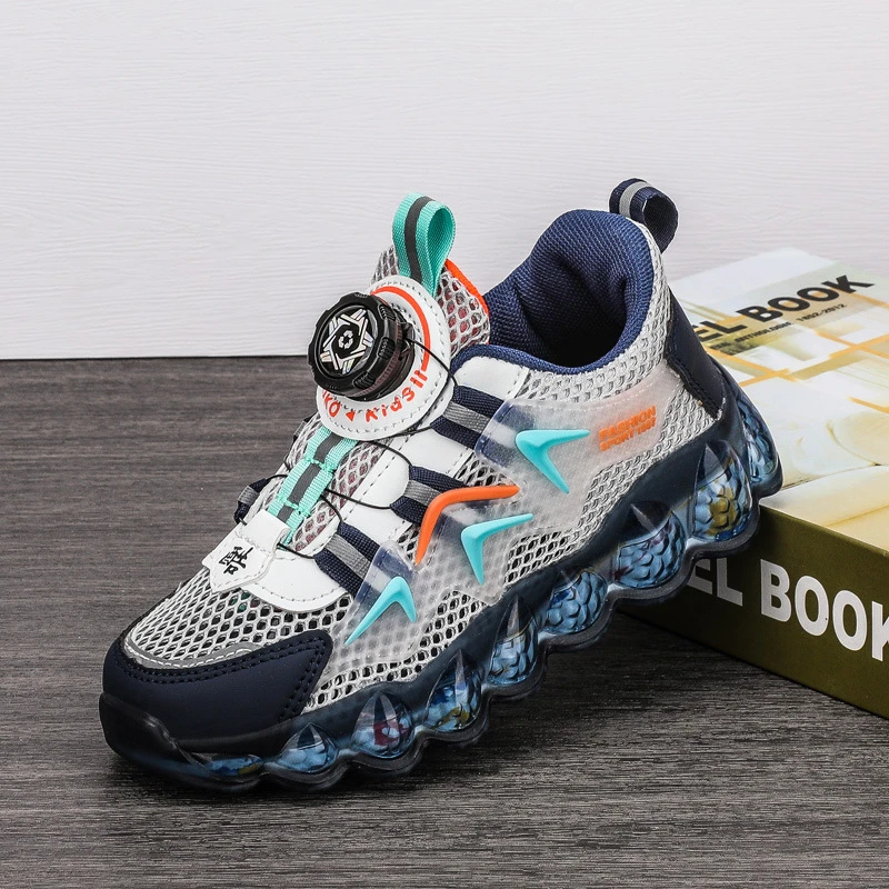 童鞋男童女童夏季镂空透气网面旋转钮扣中大儿童小学生休闲运动鞋