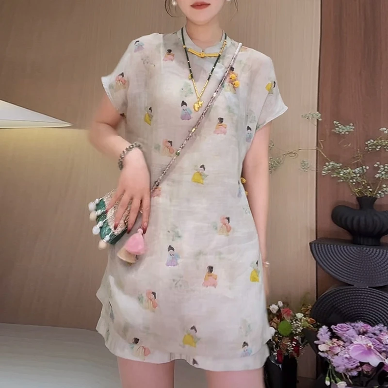 新中式两件套女士2025夏季新款印花立领短袖上衣高腰休闲短裤套装