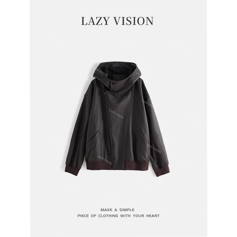 LAZYVISION小羊连帽款休闲女士皮衣外套ZMD-31509