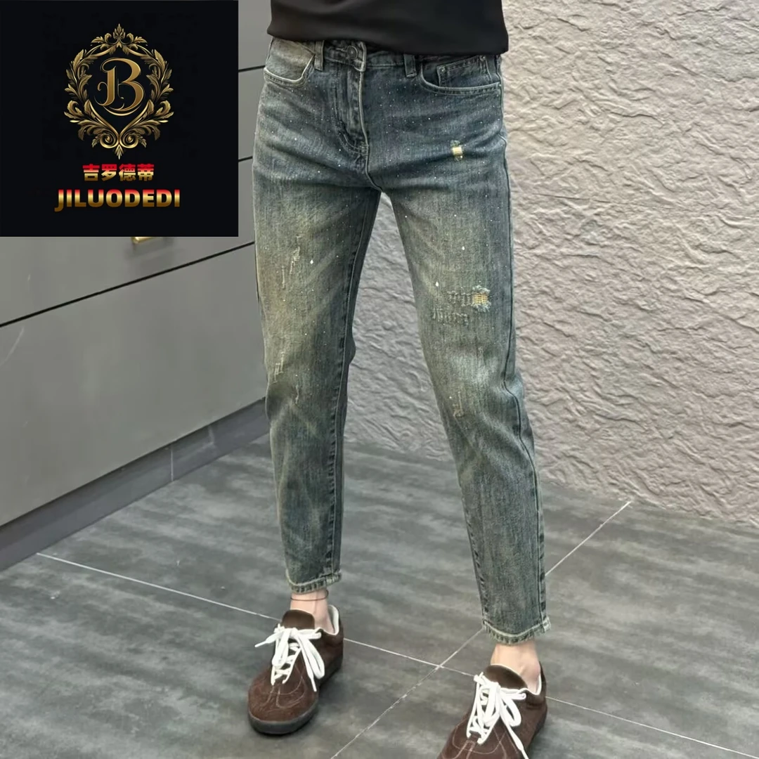 高端刮烂帅气牛仔裤男修身小脚春秋季新款时尚个性烫钻弹力休闲裤