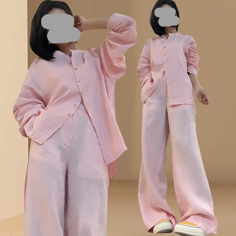 粉色老钱气质2025春秋套装时尚新款一整套穿搭衬衫上衣休闲裤套装