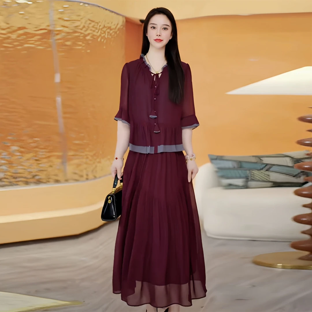 高级感气质红色大码裙子2025夏季新款假两件叠穿层次感修身连衣裙