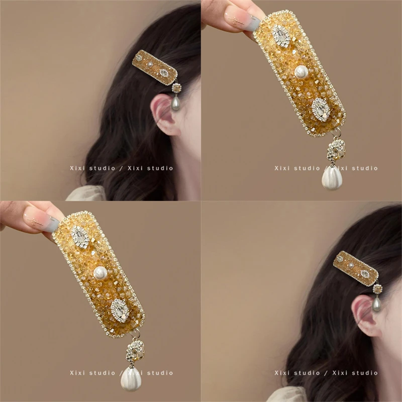 闪闪阳光！高级感水钻发夹！精致珍珠吊坠边夹气质刘海夹女盘发器