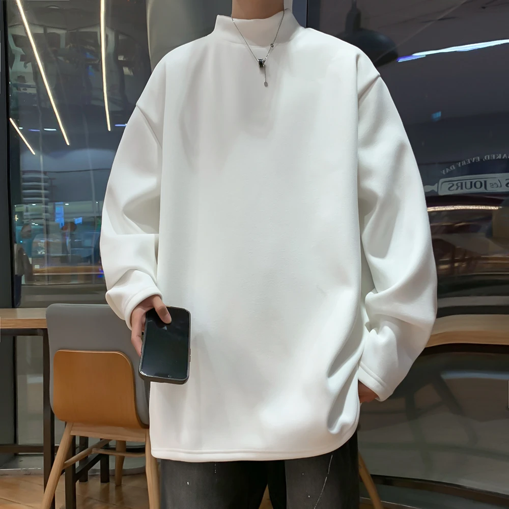 【送运费险】潮流宽松长袖打底衫男半高领德绒加绒加厚卫衣纯色秋冬