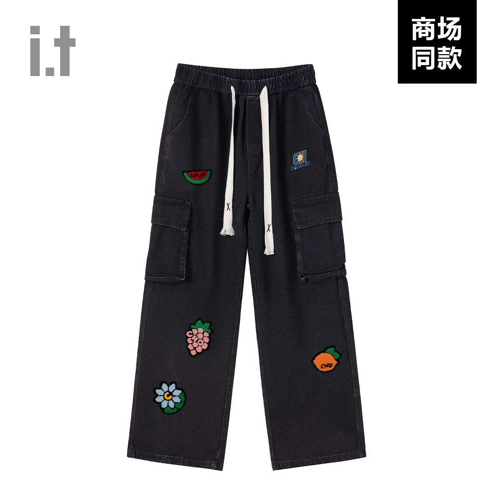 I.T潮牌CHOCOOLATE美式高街黑色休闲牛仔裤男女同款水果刺绣直筒