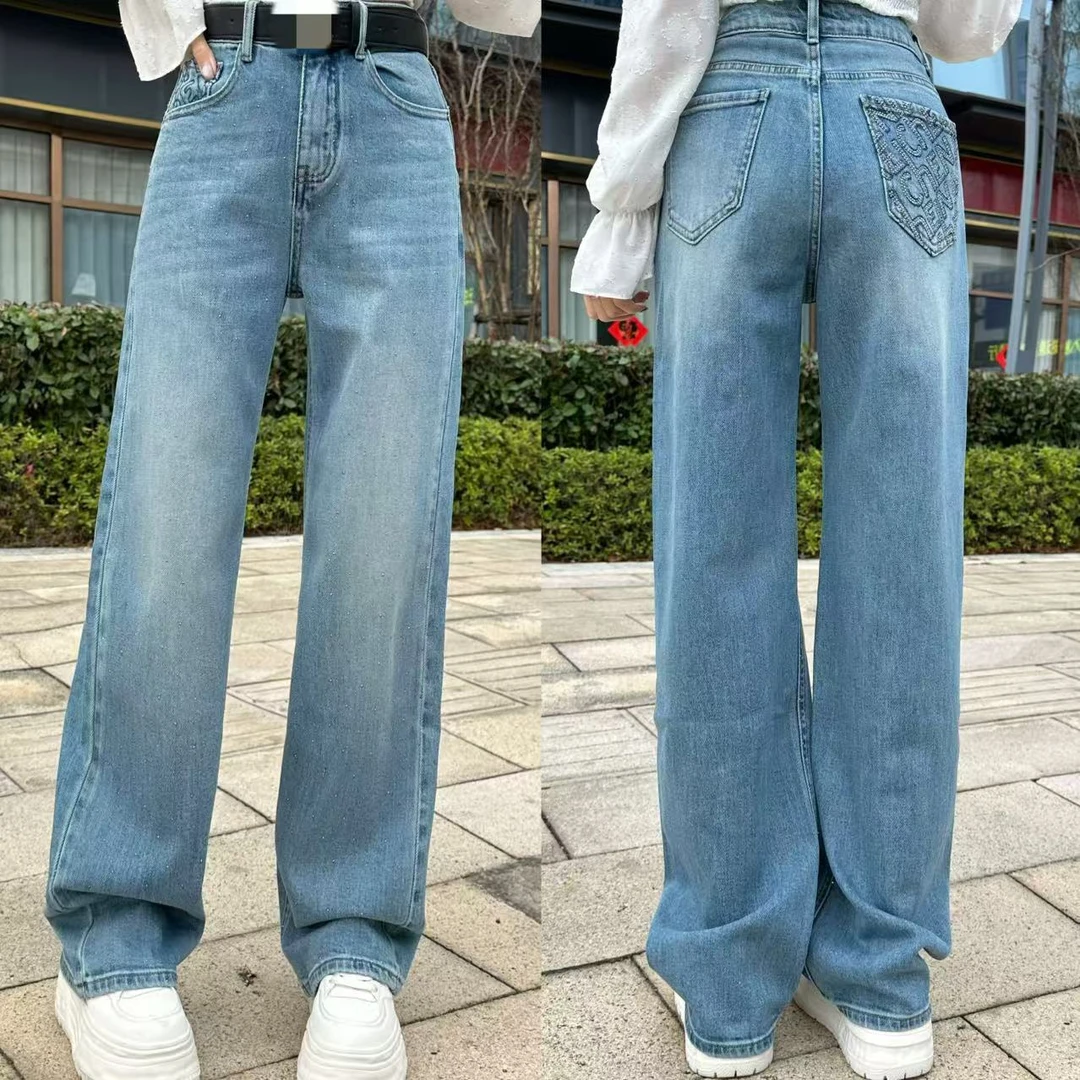 真真：2025春款定制款小个子重工口袋字母钻钻窄版阔腿裤