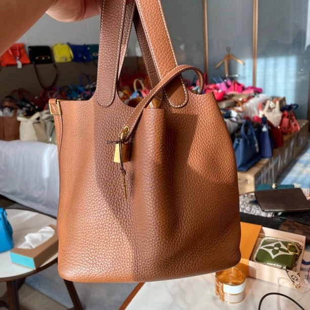 99新 Hermes/爱马仕 【老于包展】苏601菜篮子22金棕金扣U手提包