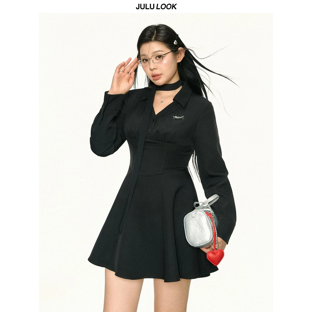 巨鹿工作室“复古名伶”微胖mm纯欲风挂脖显瘦鱼骨连衣裙大码短裙