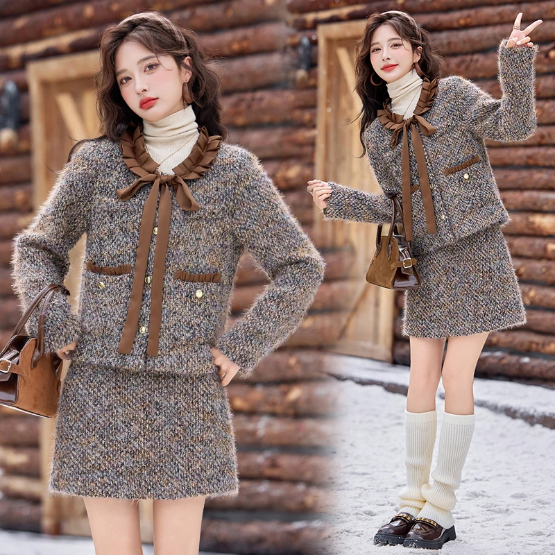 小香风爆款套装女2025冬季新款小个子富家千金毛衣呢子短裙两件套