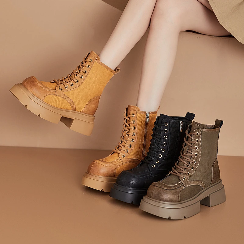 2025年新款复古大黄靴增高厚底马丁靴女英伦风靴子粗跟短靴机车靴