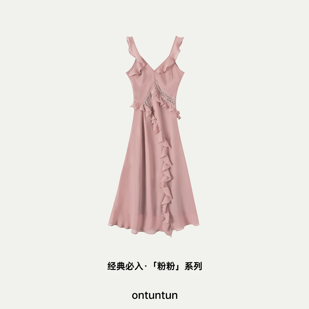 【坨坨耶】6/4新品 脂粉黛 荷叶边雪纺蕾丝吊带连衣裙