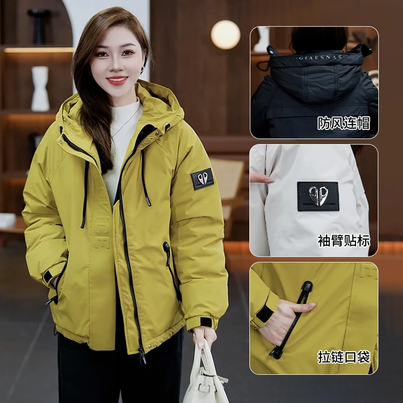 休闲风加厚保暖连帽棉服女2025冬季新款宽松遮肉短款户外纯色棉袄