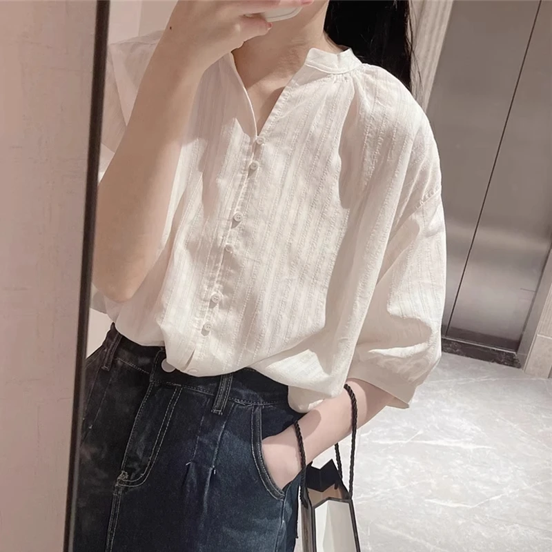纯棉衬衣女2025新款百搭设计感别致小衫五分袖法式棉麻白色衬衫夏