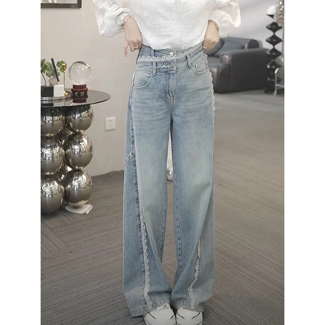 8003新款拼接不规则蕾丝花边高腰牛仔裤2025早出女宽松显瘦直筒裤