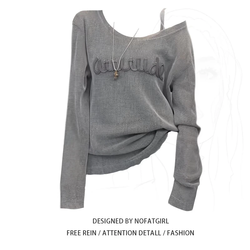 大码胖MM韩系慵懒风斜肩长袖T恤女夏季新款宽松显瘦百搭复古上衣