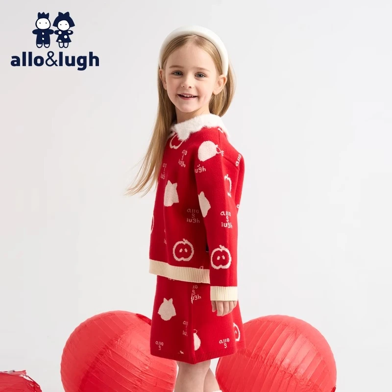 allo&lugh2024秋冬女童新款新年套装毛衣两件套红色连衣裙