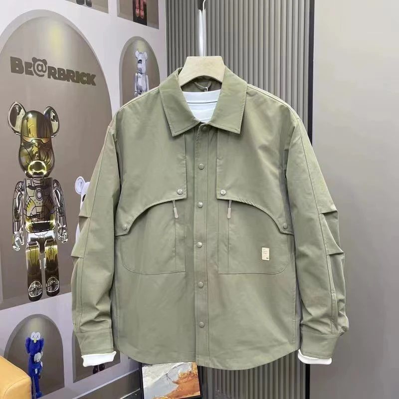 2025春秋新款韩版工装风男生翻领外套港风纯色简约时尚衬衫款夹克