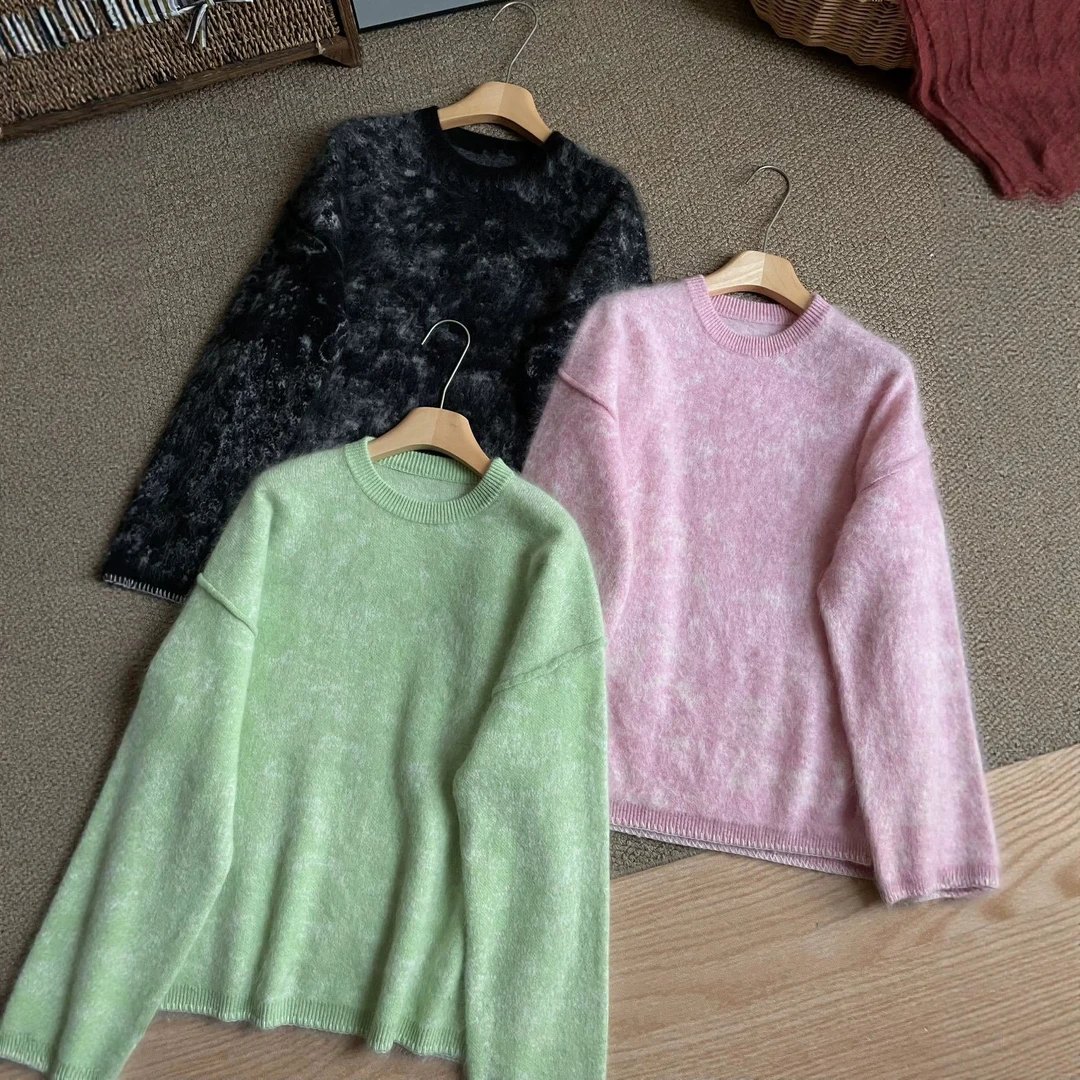 原创订单砚池10山羊绒拉绒毛衣 水墨提花重工拉毛宽松圆领针织衫Y