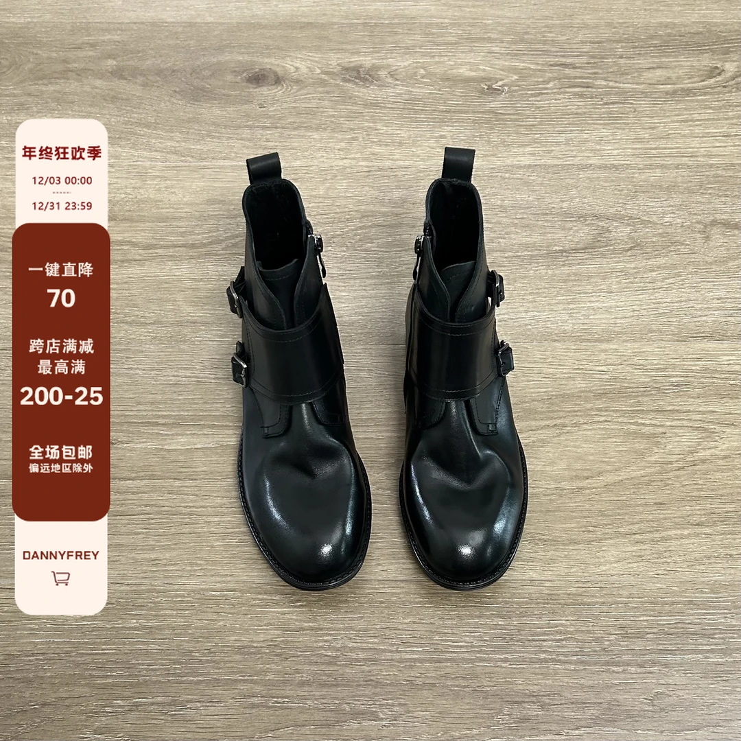 Dannyfrey秋冬新款圆头时尚牛皮拼接皮带扣小众设计短靴女3CM